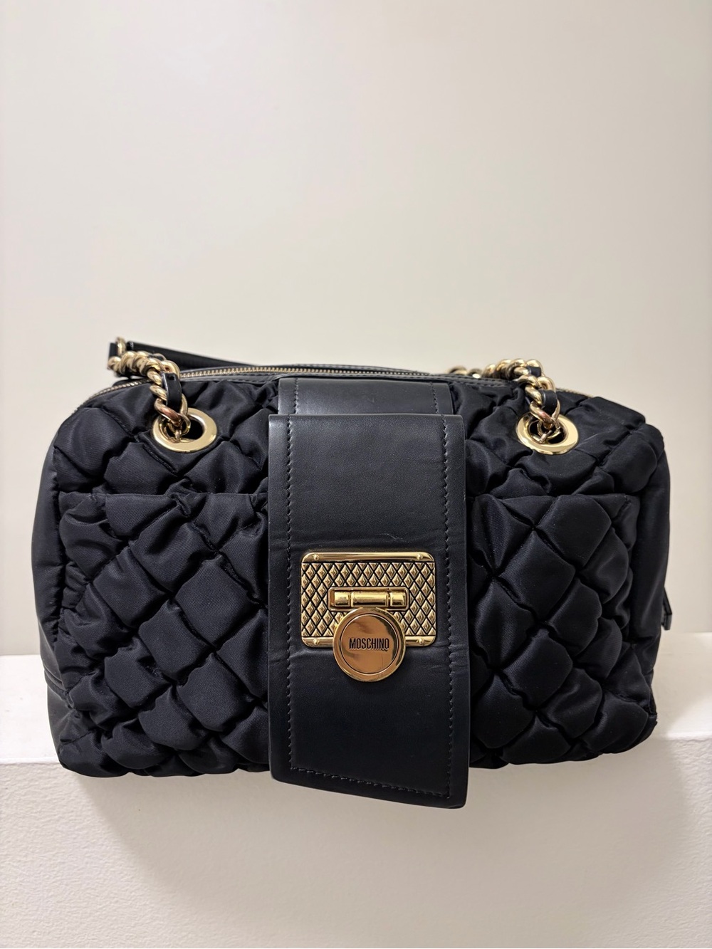 Moschino Black Quilted Shoulder Bag with Gold Hardware
